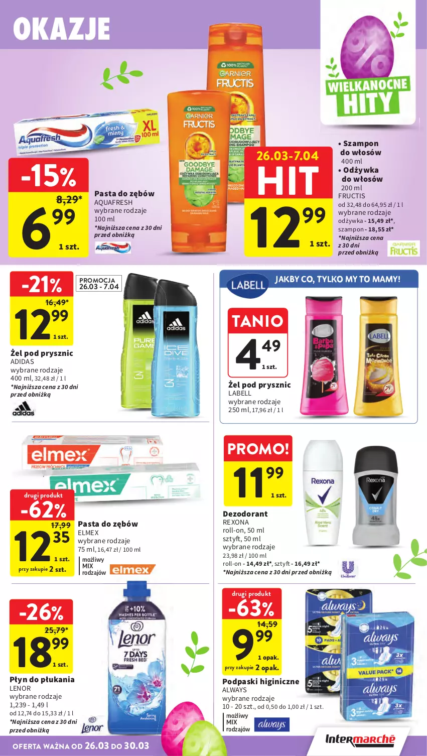 Gazetka promocyjna Intermarche - Gazetka promocyjna - ważna 26.03 do 30.03.2026 - strona 43 - produkty: Adidas, Always, Aquafresh, Bell, Dezodorant, Elmex, Fructis, Gin, Lenor, Odżywka, Pasta do zębów, Płyn do płukania, Podpaski, Rexona, Szampon