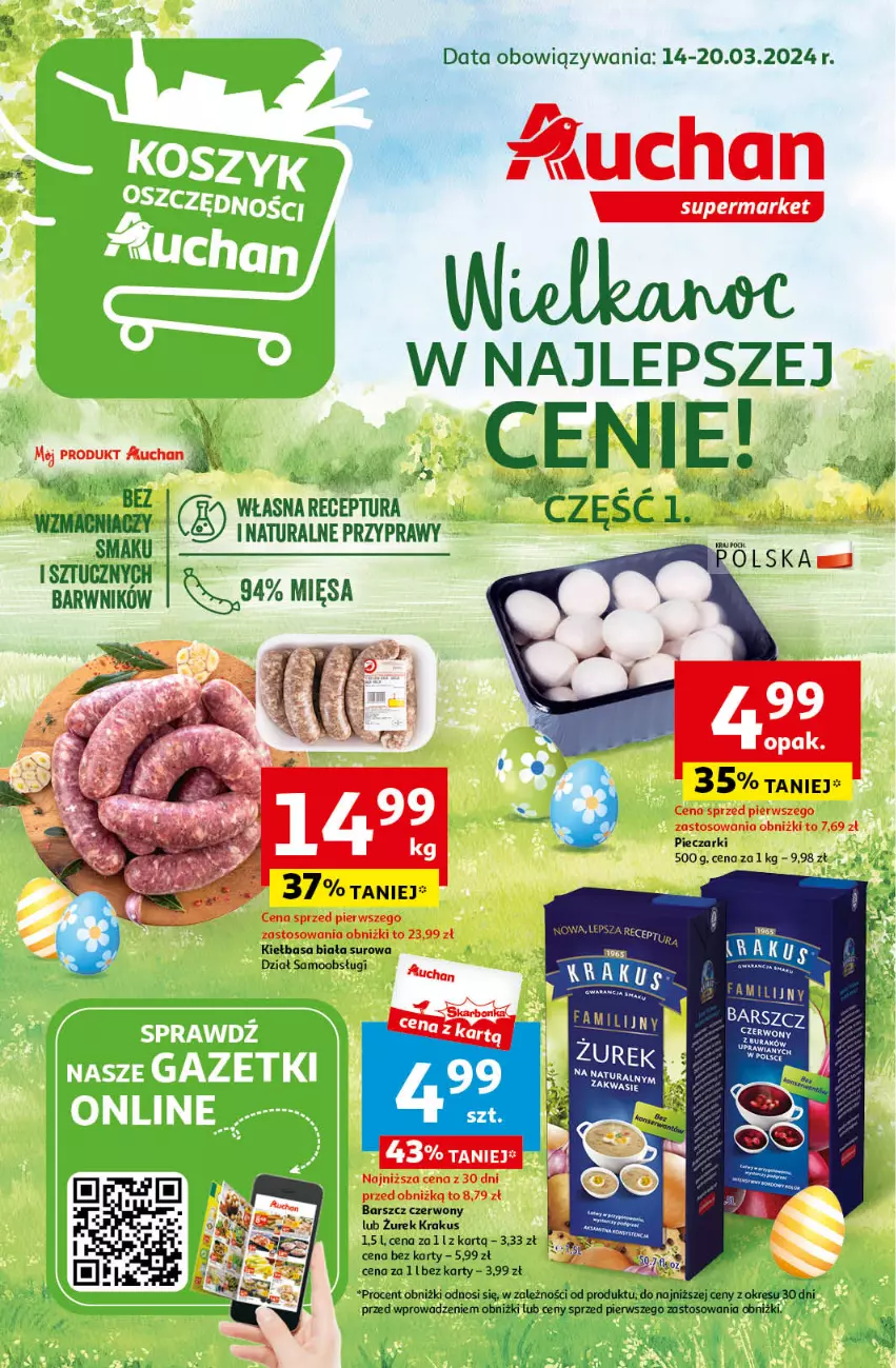 Gazetka promocyjna Auchan - Wielkanoc z najlepszej cenie! Część 1. Supermarket Auchan - ważna 14.03 do 20.03.2024 - strona 1 - produkty: Kiełbasa, Kiełbasa biała, Krakus, Piec, Przyprawy