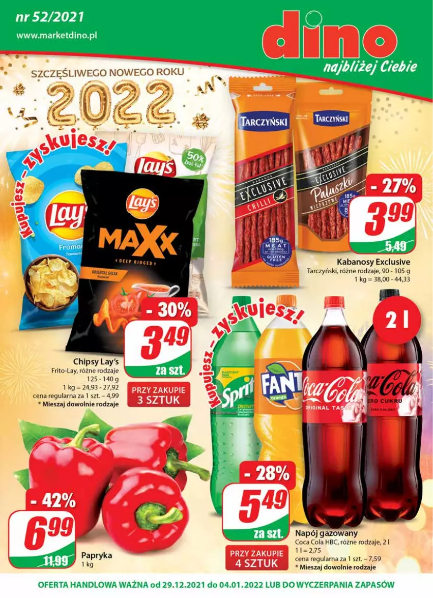 Gazetka promocyjna Dino - Gazetka - ważna 29.12.2021 do 04.01.2022 - strona 1 - produkty: Chipsy, JBL, Kabanos, Napój, Napój gazowany, Papryka, Tarczyński