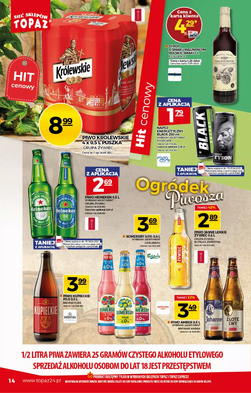 Gazetka promocyjna Topaz - Gazetka - ważna 15.04 do 21.04.2021 - strona 14 - produkty: Carlsberg, Fa, Heineken, Kupiec, Lack, Piec, Piwo, Piwo jasne, Sok, Somersby, Syrop