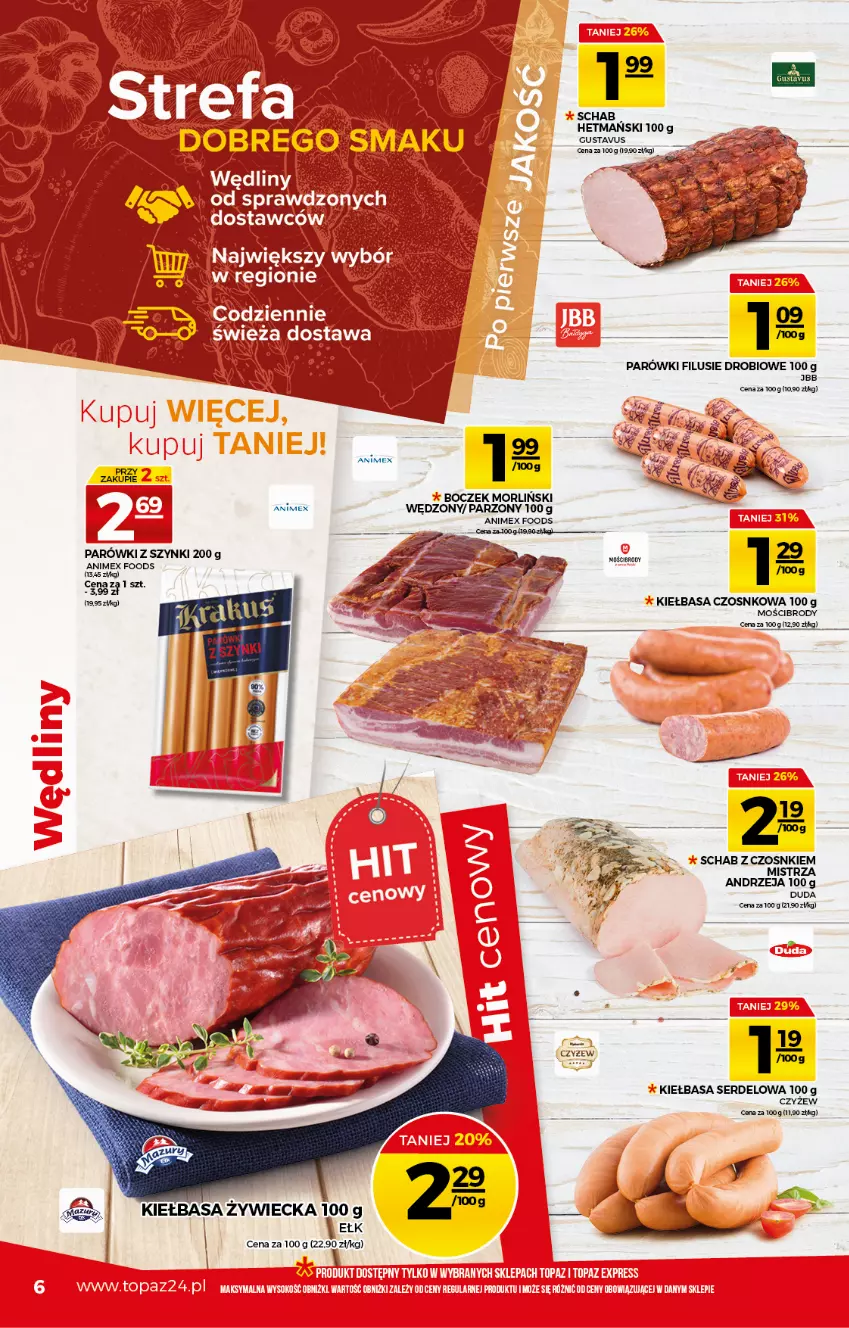 Gazetka promocyjna Topaz - Gazetka - ważna 15.04 do 21.04.2021 - strona 6 - produkty: Boczek, Kiełbasa, Parówki, Parówki z szynki, Ser