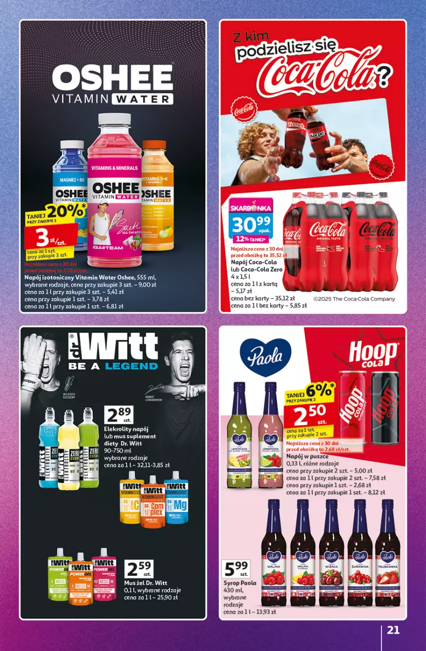 Gazetka promocyjna Auchan - Znane Marki Duży Wybór Hipermarket - ważna 12.06 do 18.06.2025 - strona 21 - produkty: Coca-Cola, Mus, Napój, Napój izotoniczny, Oshee, Paola