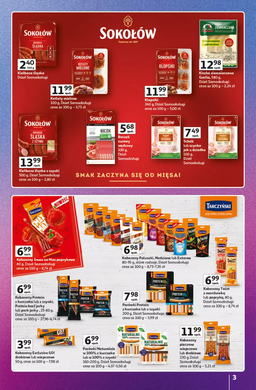 Gazetka promocyjna Auchan - Znane Marki Duży Wybór Hipermarket - ważna 12.06 do 18.06.2025 - strona 3 - produkty: Boczek, Jerky, Kabanos, Kiełbasa, Kiełbasa śląska, Kotlet, Kurczak, Parówki, Piec, Por, Sok, Sokołów, Tarczyński