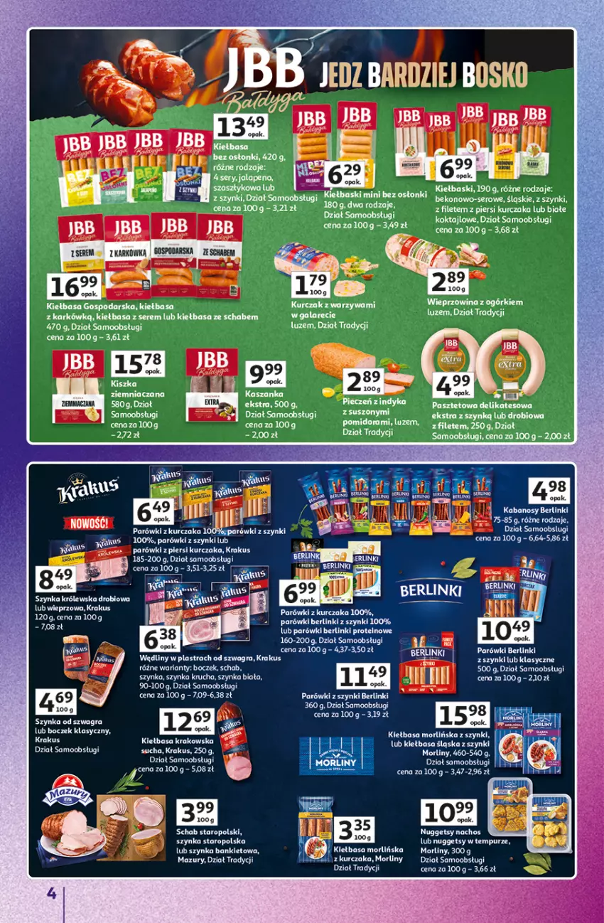 Gazetka promocyjna Auchan - Znane Marki Duży Wybór Hipermarket - ważna 12.06 do 18.06.2025 - strona 4 - produkty: Berlinki, Boczek, Gala, Gra, Kasza, Kaszanka, Kiełbasa, Kiełbasa krakowska, Kiełbasa śląska, Krakus, Kurczak, Morliny, Parówki, Parówki z piersi kurczaka, Parówki z szynki, Pasztet, Piec, Pur, Ser, Szynka, Szynka biała, Warzywa, Wieprzowina
