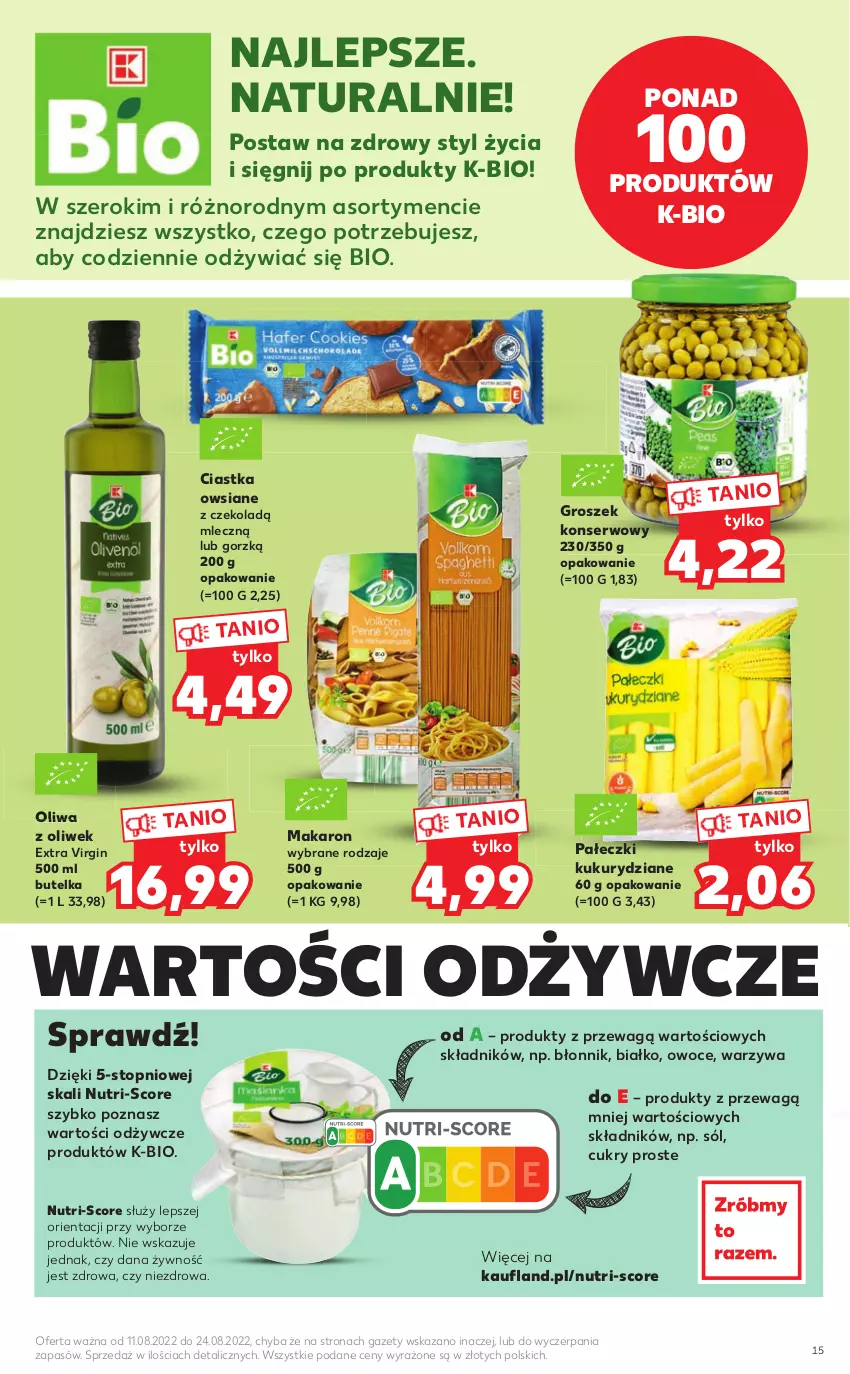 Gazetka promocyjna Kaufland - Katalog MARKI WŁASNE - ważna 11.08 do 24.08.2022 - strona 15 - produkty: Ciastka, Ciastka owsiane, Gin, Groszek, Makaron, Oliwa, Oliwa z oliwek, Owoce, Ser, Sól, Top, Warzywa