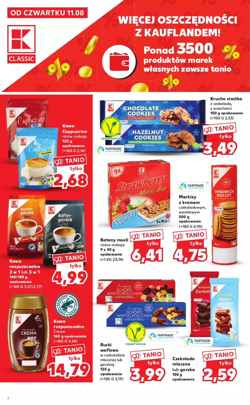 Gazetka promocyjna Kaufland - Katalog MARKI WŁASNE - ważna 11.08 do 24.08.2022 - strona 6 - produkty: Baton, Cappuccino, Ciastka, Czekolada, Czekolada mleczna, Kawa, Kawa rozpuszczalna, Mus, Rurki