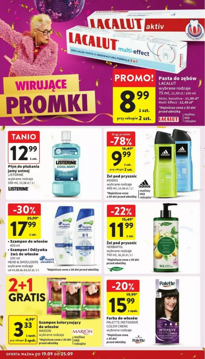 Gazetka promocyjna Intermarche - ważna 19.09 do 25.09.2024 - strona 28 - produkty: Adidas, Color Creme, Fa, Farba do włosów, Herbapol, Lacalut, Listerine, Odżywka, Palette, Płyn do płukania, Płyn do płukania jamy ustnej, Szampon