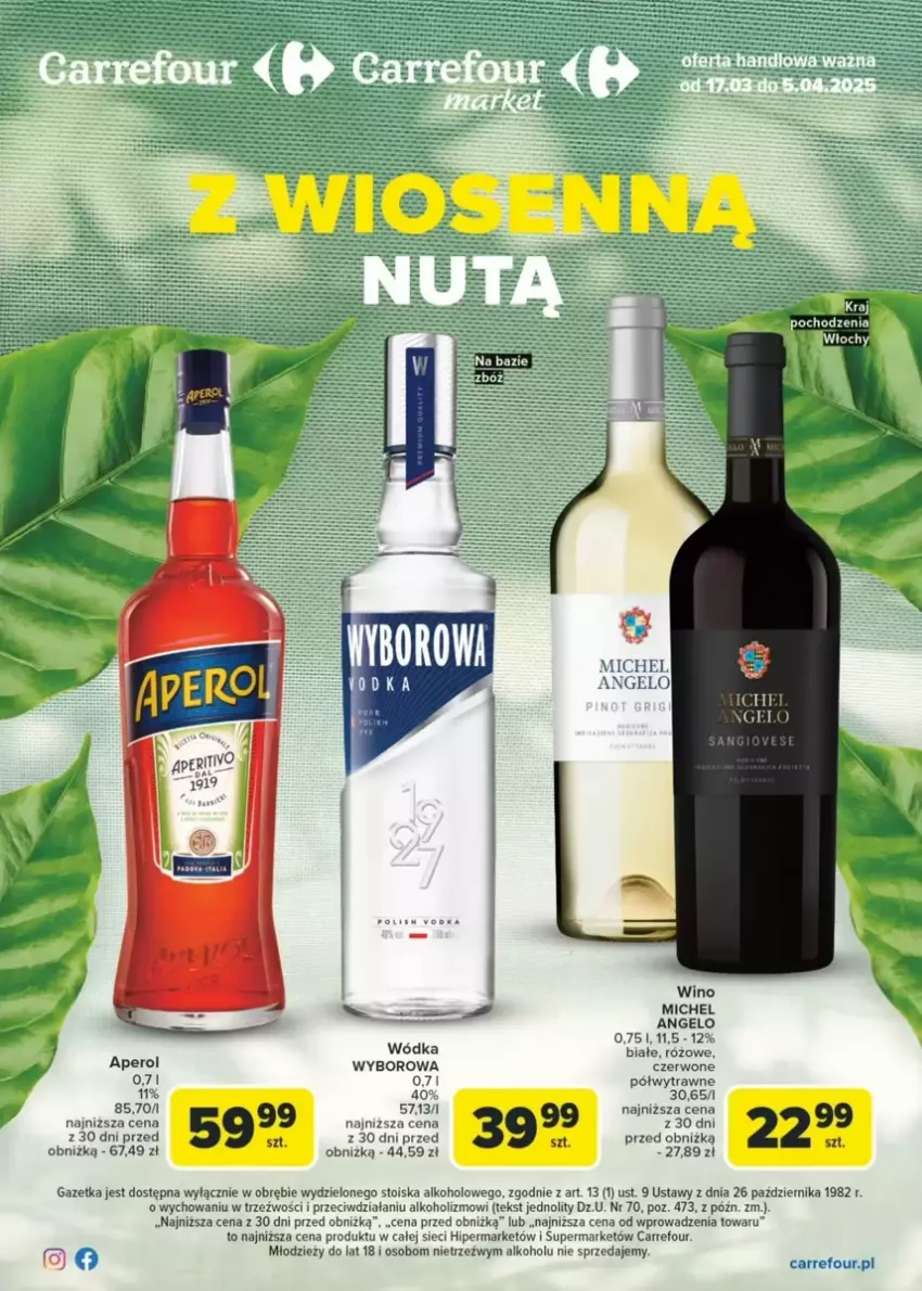 Gazetka promocyjna Carrefour - ważna 17.03 do 05.04.2025 - strona 1 - produkty: Aperol, Ser, Wino, Wódka, Wyborowa, Ziaja