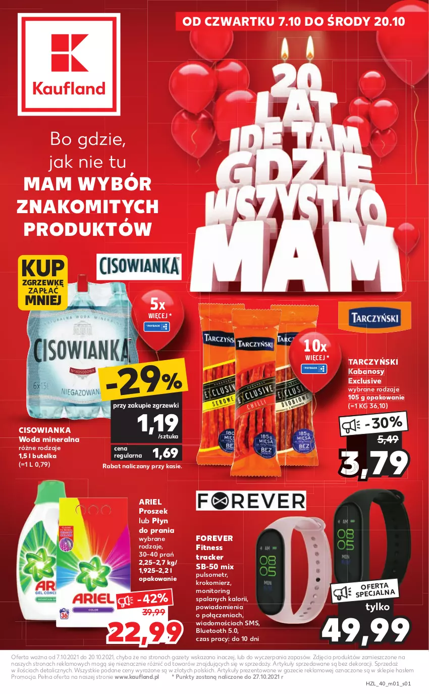 Gazetka promocyjna Kaufland - 20 lat Kauflandu - ważna 07.10 do 20.10.2021 - strona 1 - produkty: Ariel, Cisowianka, Kabanos, Krokomierz, Monitor, Płyn do prania, Tarczyński, Woda, Woda mineralna