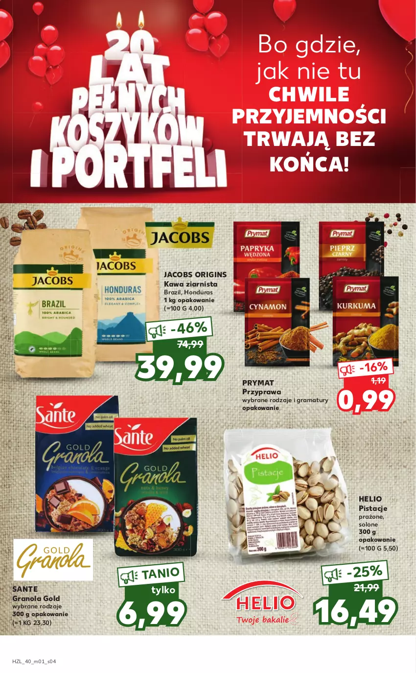 Gazetka promocyjna Kaufland - 20 lat Kauflandu - ważna 07.10 do 20.10.2021 - strona 4 - produkty: Gin, Gra, Granola, Helio, Jacobs, Kawa, Kawa ziarnista, Pistacje, Prymat, Rama, Sante