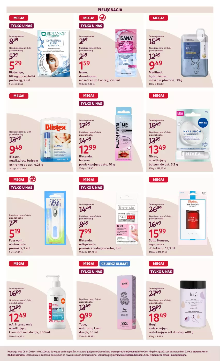 Gazetka promocyjna Rossmann - 8 stycznia - ważna 08.01 do 14.01.2026 - strona 10 - produkty: Balsam do ust, Bielenda, Isana, Krem do rąk, Lakier, Maska, Maska w płachcie, Nawilżający balsam, Nivea, Odżywka, Sally Hansen, Sól, Yope