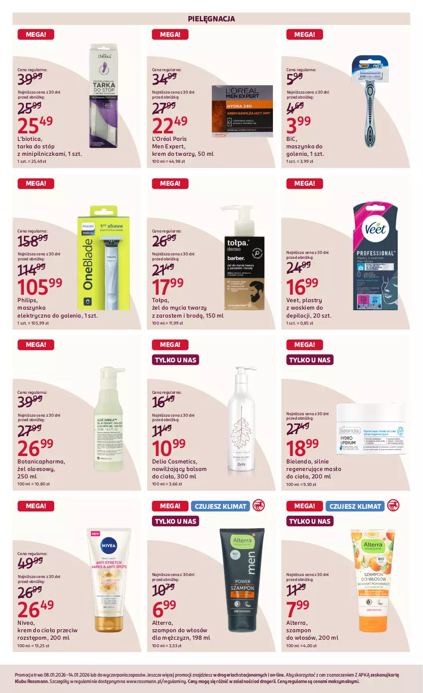 Gazetka promocyjna Rossmann - 8 stycznia - ważna 08.01 do 14.01.2026 - strona 11 - produkty: Alterra, Balsam do ciała, BIC, Bielenda, Krem do ciała, Krem do twarzy, L’Oréal, Masło, Masło do ciała, Maszynka, Maszynka do golenia, Nawilżający balsam, Nivea, Philips, Szampon, Szynka, Tarka, Tarka do stóp, Tołpa, Veet