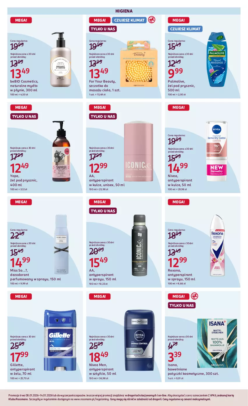 Gazetka promocyjna Rossmann - 8 stycznia - ważna 08.01 do 14.01.2026 - strona 14 - produkty: Antyperspirant, Dezodorant, For Your Beauty, Gillette, Isana, Mydło, Mydło w płynie, Nivea, Nivea Men, Palmolive, Patyczki kosmetyczne, Perfum, Rexona, Szczotka, Yope