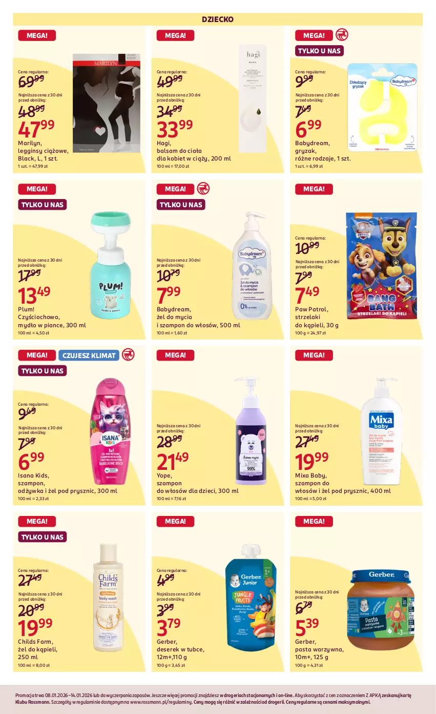 Gazetka promocyjna Rossmann - 8 stycznia - ważna 08.01 do 14.01.2026 - strona 3 - produkty: Babydream, Balsam do ciała, Deser, Dzieci, Fa, Gerber, Gin, Gry, Isana, Lack, Legginsy, Marilyn, Mixa, Mydło, Odżywka, Pasta warzywna, Ser, Serek, Szampon, Yope