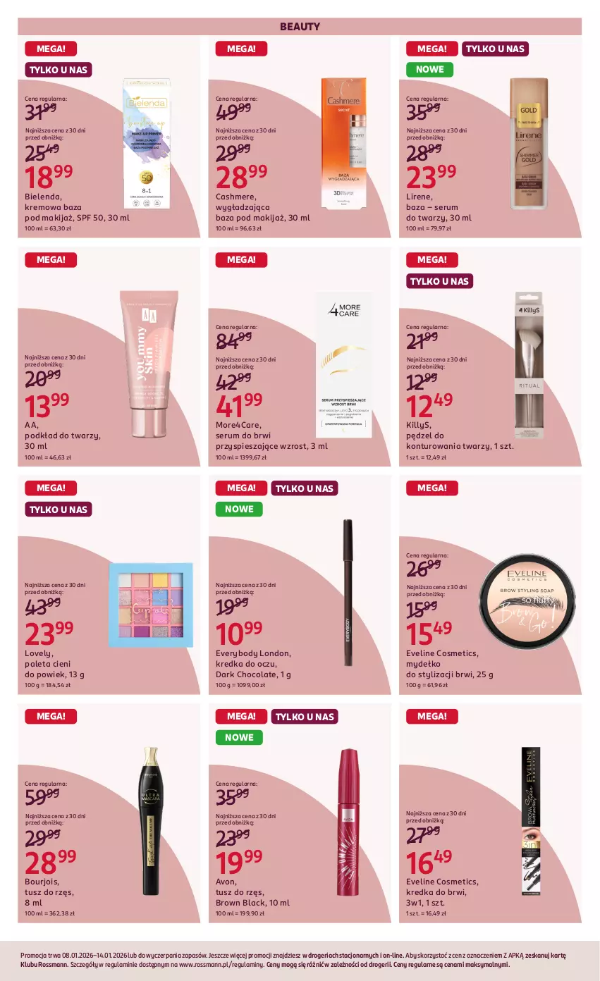 Gazetka promocyjna Rossmann - 8 stycznia - ważna 08.01 do 14.01.2026 - strona 6 - produkty: Bielenda, Body, Bourjois, Eveline, Killys, Kredka, Kredka do brwi, Lack, Lirene, Lovely, Makijaż, Paleta, Podkład, Podkład do twarzy, Rum, Ser, Serum, Serum do twarzy, Tusz