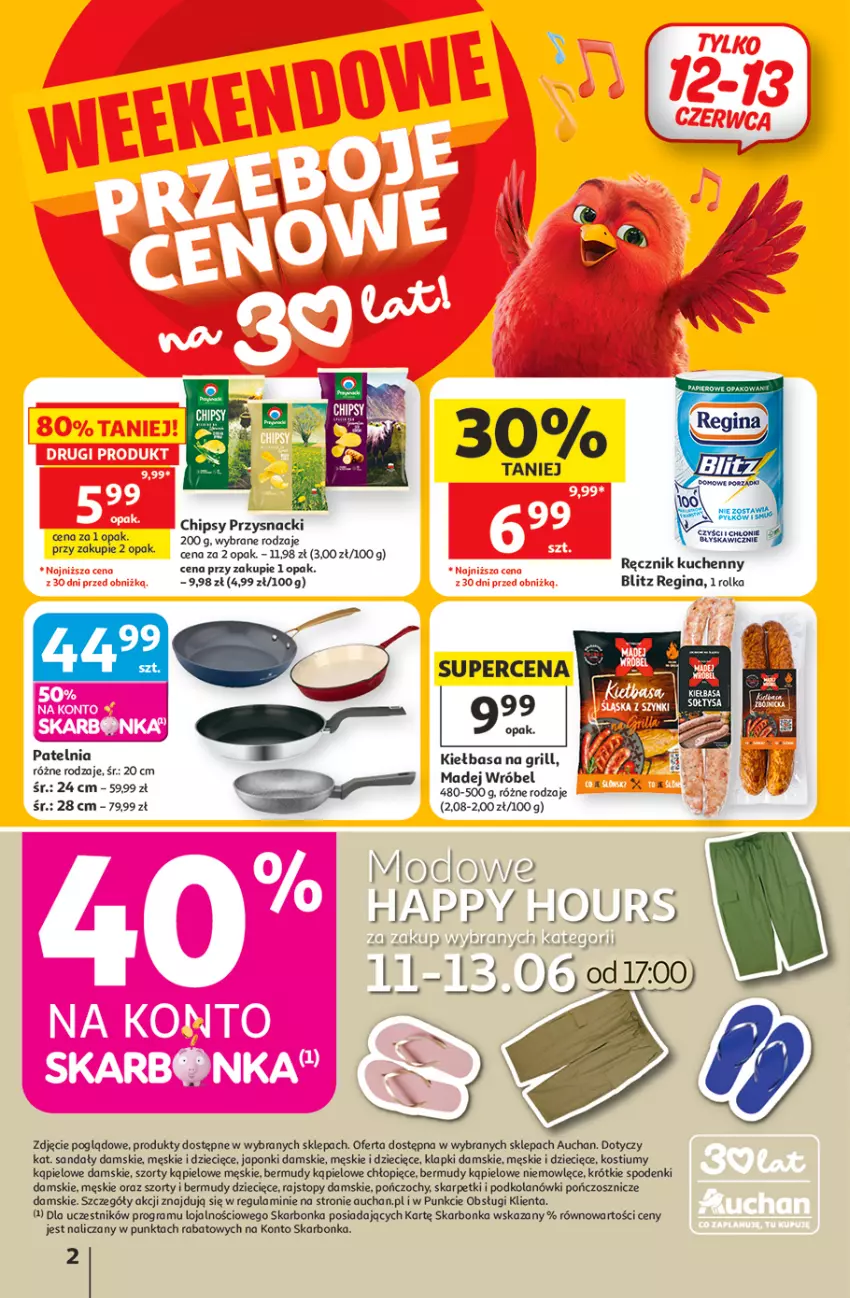 Gazetka promocyjna Auchan - 30 Lat Hipermarket - ważna 11.06 do 17.06.2026 - strona 2 - produkty: Bermudy, Chipsy, Dzieci, Gin, Gra, Grill, Karp, Kiełbasa, Klapki, Kostium, LEGO, Madej Wróbel, Patelnia, Pończochy, Przysnacki, Rajstopy, Sandał, Skarpetki, Szorty, Top, Znicz