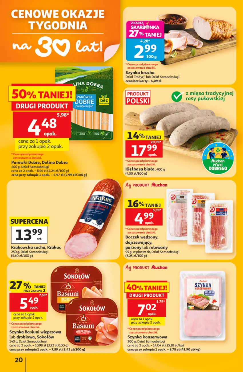 Gazetka promocyjna Auchan - 30 Lat Hipermarket - ważna 11.06 do 17.06.2026 - strona 20 - produkty: Boczek, Kiełbasa, Kiełbasa biała, Krakus, Parówki, Ser, Sok, Sokołów, Szynka, Szynka konserwowa