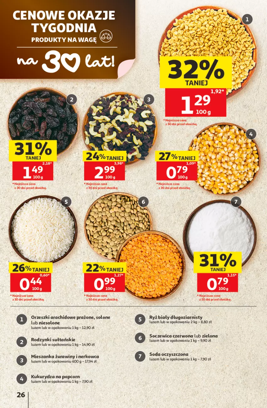 Gazetka promocyjna Auchan - 30 Lat Hipermarket - ważna 11.06 do 17.06.2026 - strona 26 - produkty: Kukurydza, Orzeszki, Popcorn, Rodzynki, Ryż, Ryż biały, Soda oczyszczona, Sok