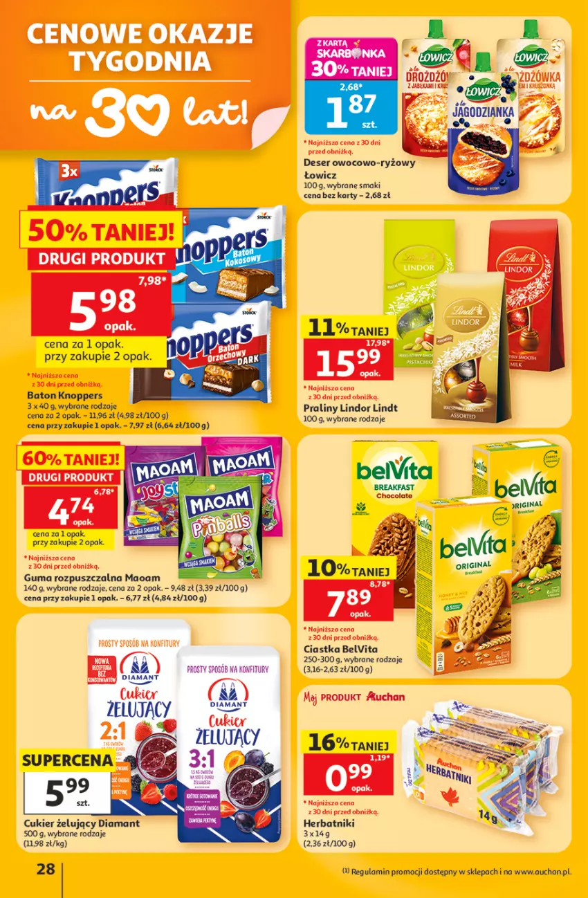 Gazetka promocyjna Auchan - 30 Lat Hipermarket - ważna 11.06 do 17.06.2026 - strona 28 - produkty: Baton, BelVita, Ciastka, Cukier, Deser, Diamant, Guma rozpuszczalna, Herbatniki, Knoppers, Lindor, Lindt, Praliny, Ryż, Ser
