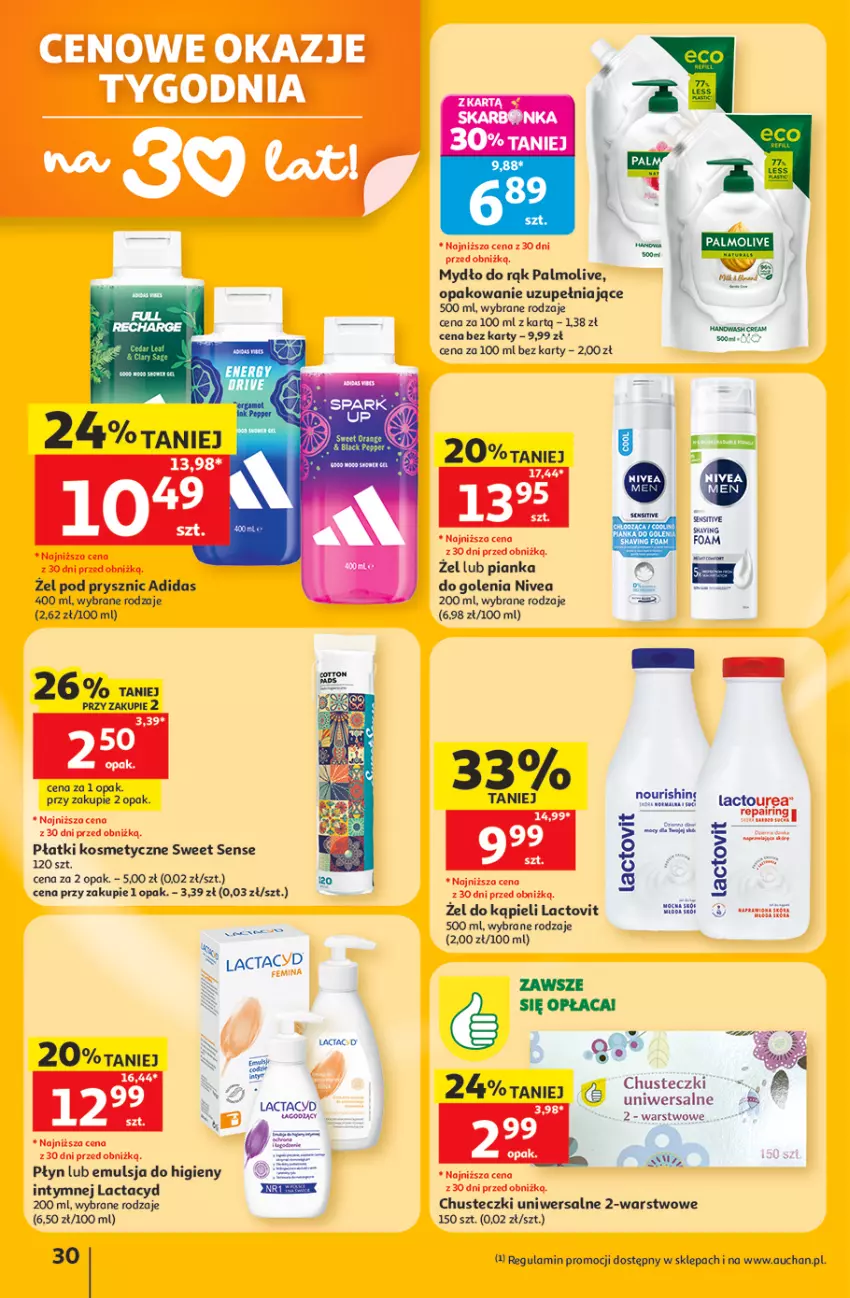 Gazetka promocyjna Auchan - 30 Lat Hipermarket - ważna 11.06 do 17.06.2026 - strona 30 - produkty: Adidas, Chusteczki, Emulsja, Lack, Lactacyd, Mydło, Nivea, Palmolive, Płatki kosmetyczne