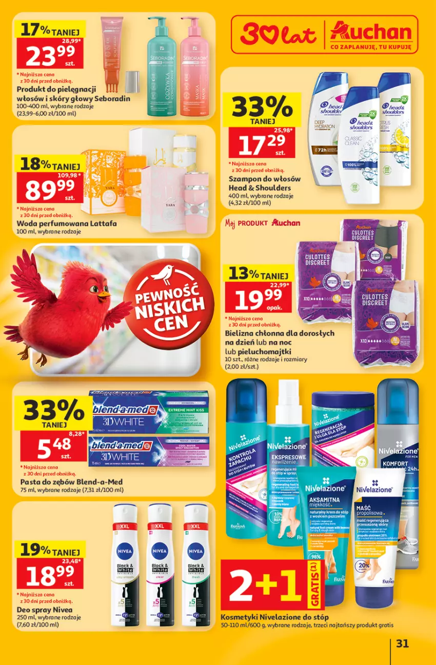 Gazetka promocyjna Auchan - 30 Lat Hipermarket - ważna 11.06 do 17.06.2026 - strona 31 - produkty: Aksam, Bielizna, Blend-a-Med, Fa, Gra, Majtki, Nivea, Nivelazione, Pasta do zębów, Perfum, Pieluchomajtki, Seboradin, Szampon, Woda, Woda perfumowana