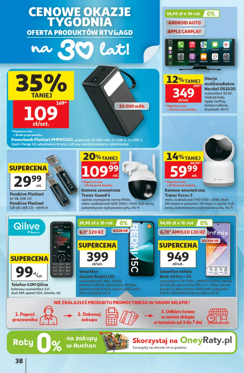 Gazetka promocyjna Auchan - 30 Lat Hipermarket - ważna 11.06 do 17.06.2026 - strona 38 - produkty: Acer, Bateria, Fa, Kamera, Latarka, Navitel, Pendrive, PLATINET, Przewód, Smartfon, Tarka, Telefon, Top