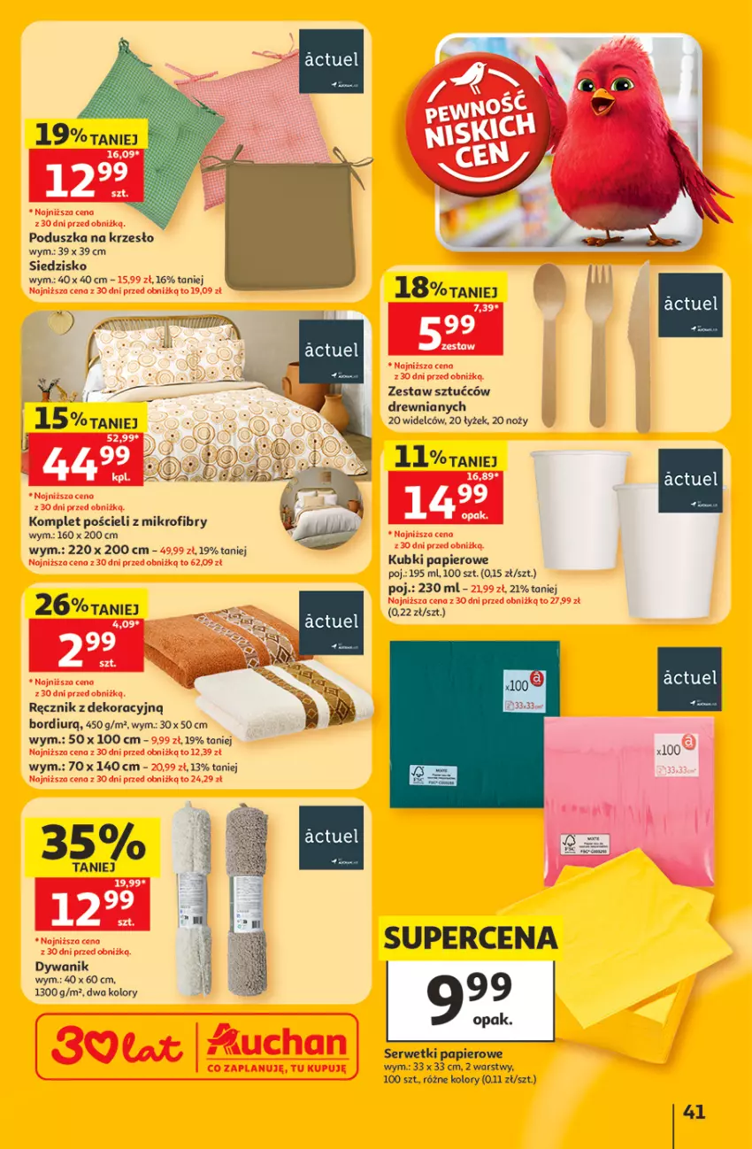 Gazetka promocyjna Auchan - 30 Lat Hipermarket - ważna 11.06 do 17.06.2026 - strona 41 - produkty: Dywan, Dywanik, Komplet pościeli, Krzesło, Noż, Papier, Poduszka, Pościel, Ręcznik, Ser, Serwetki, Serwetki papierowe, Siedzisko, Zestaw sztućców