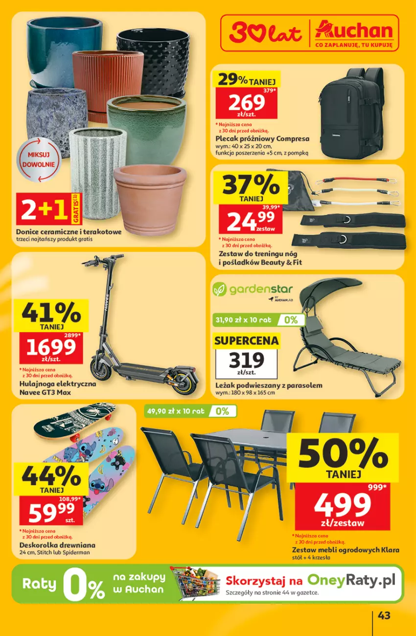 Gazetka promocyjna Auchan - 30 Lat Hipermarket - ważna 11.06 do 17.06.2026 - strona 43 - produkty: Deskorolka, Gra, Hulajnoga, Hulajnoga elektryczna, Parasol, Plecak, Spiderman, Stół, Tera