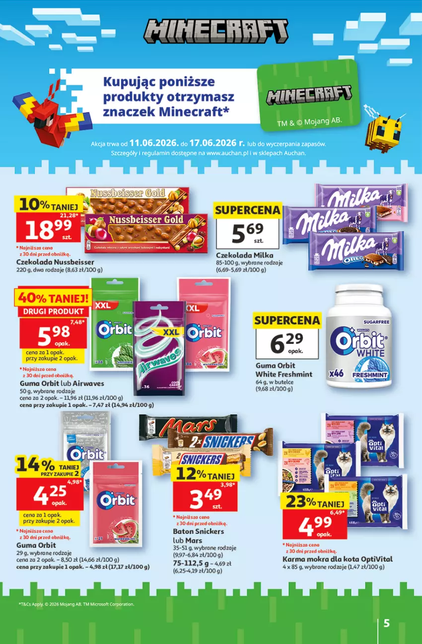Gazetka promocyjna Auchan - 30 Lat Hipermarket - ważna 11.06 do 17.06.2026 - strona 5 - produkty: Baton, Czekolada, Mars, Milka, Minecraft, Orbit, Ser, Snickers