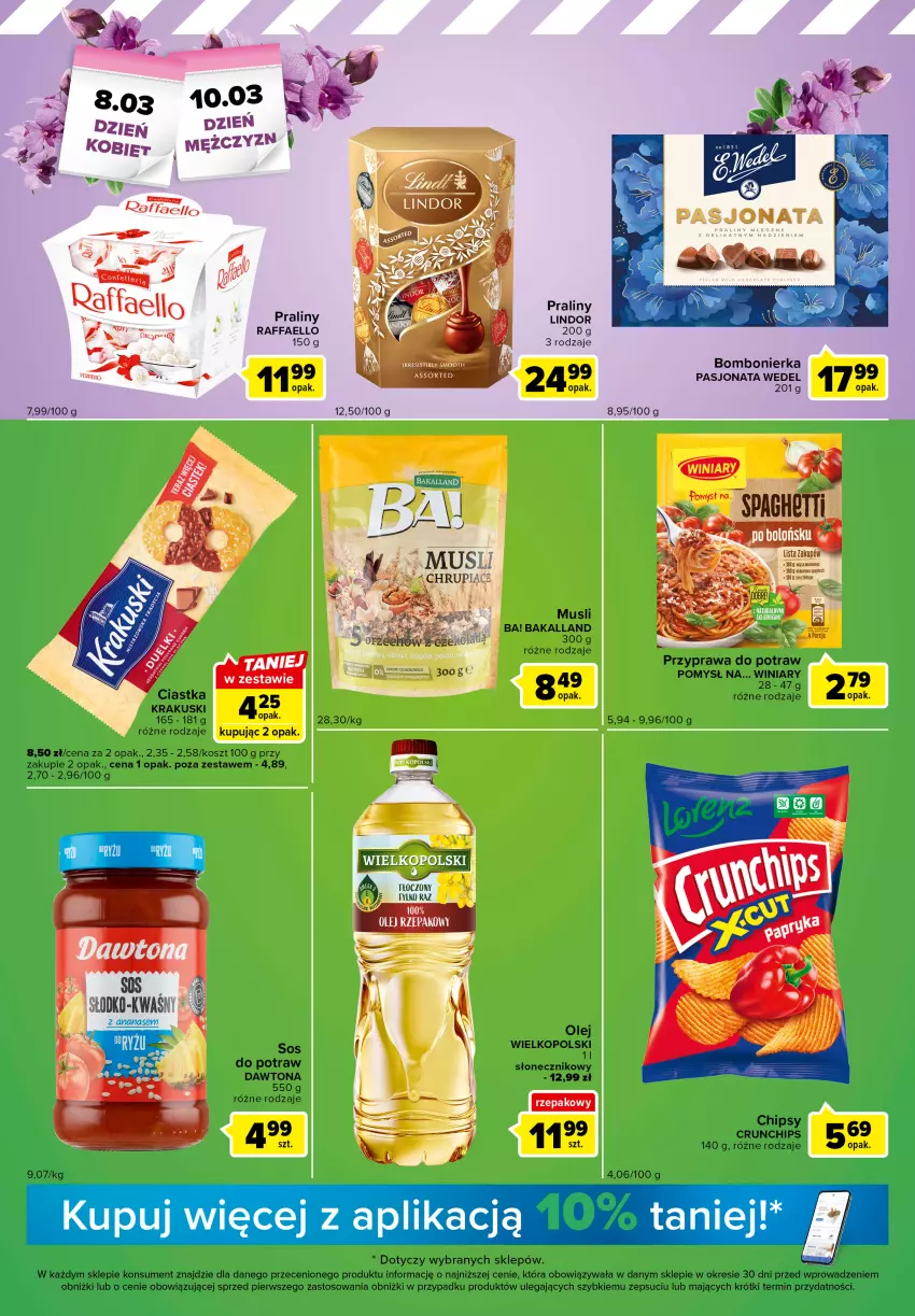 Gazetka promocyjna Carrefour - Gazetka Express - ważna 07.03 do 13.03.2023 - strona 3 - produkty: Ba!, Bakalland, Chipsy, Ciastka, Crunchips, Dawtona, Fa, Ferrero, Kosz, Krakus, Krakuski, Lindor, Mus, Olej, Olej rzepakowy, Praliny, Raffaello, Sos, Winiary