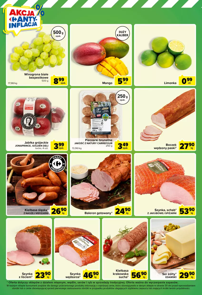 Gazetka promocyjna Carrefour - Gazetka Express - ważna 07.03 do 13.03.2023 - strona 5 - produkty: Boczek, Edam, Jabłka, Kiełbasa, Kiełbasa śląska, Limonka, Mango, Piec, Ser, Szynka, Wino, Winogrona