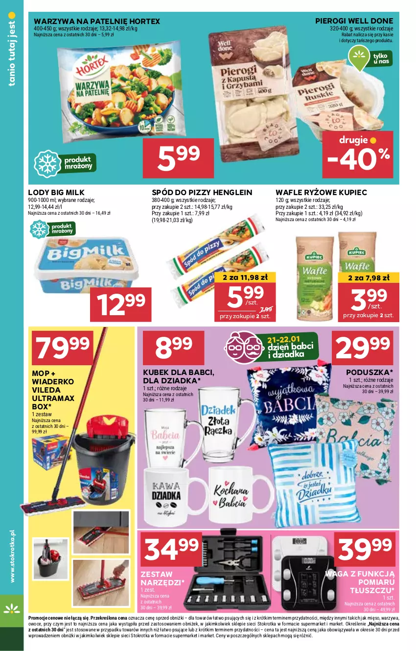 Gazetka promocyjna Stokrotka - Market - ważna 16.01 do 22.01.2025 - strona 14 - produkty: Big Milk, Hortex, Kubek, Kupiec, Lody, Mięso, Mop, Owoce, Piec, Pierogi, Poduszka, Rama, Ryż, Spód do pizzy, Vileda, Wafle, Waga, Warzywa, Zestaw narzędzi