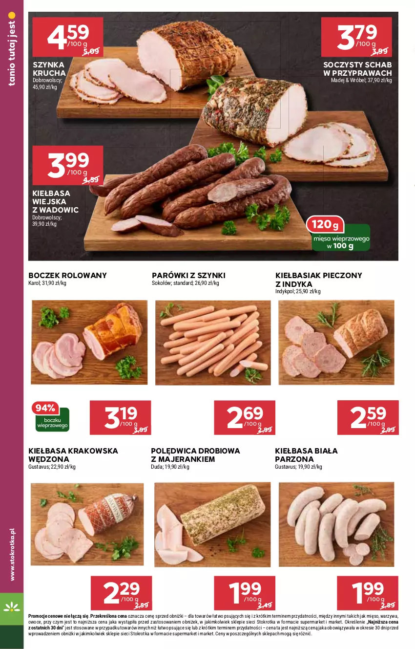 Gazetka promocyjna Stokrotka - Market - ważna 16.01 do 22.01.2025 - strona 8 - produkty: Basia, Boczek, Kiełbasa, Kiełbasa biała, Kiełbasa krakowska, Kiełbasa wiejska, Madej Wróbel, Mięso, Owoce, Parówki, Parówki z szynki, Piec, Polędwica, Sok, Sokołów, Szynka, Warzywa