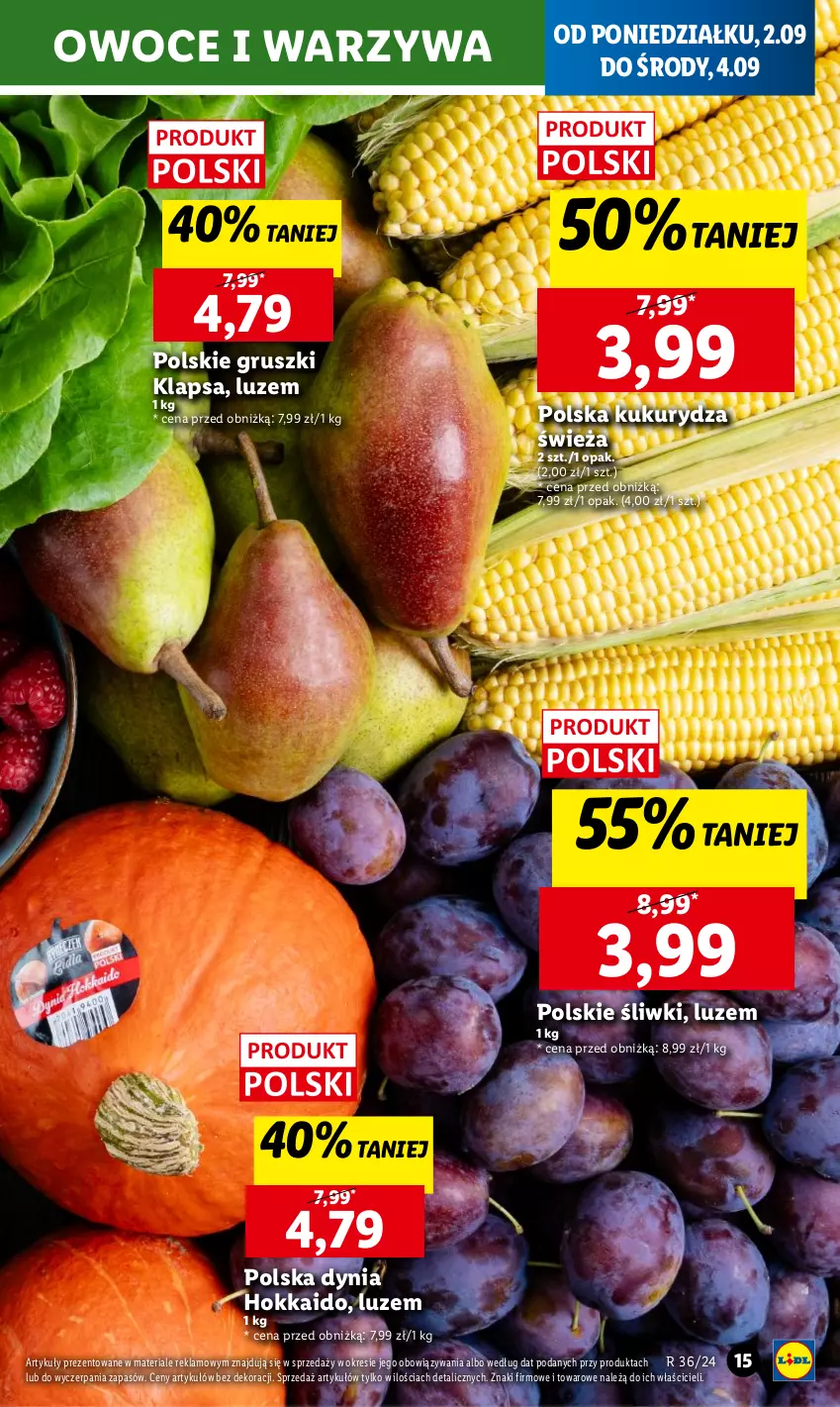 Gazetka promocyjna Lidl - GAZETKA - ważna 02.09 do 04.09.2024 - strona 21 - produkty: Gruszki, Kukurydza, Owoce, Warzywa