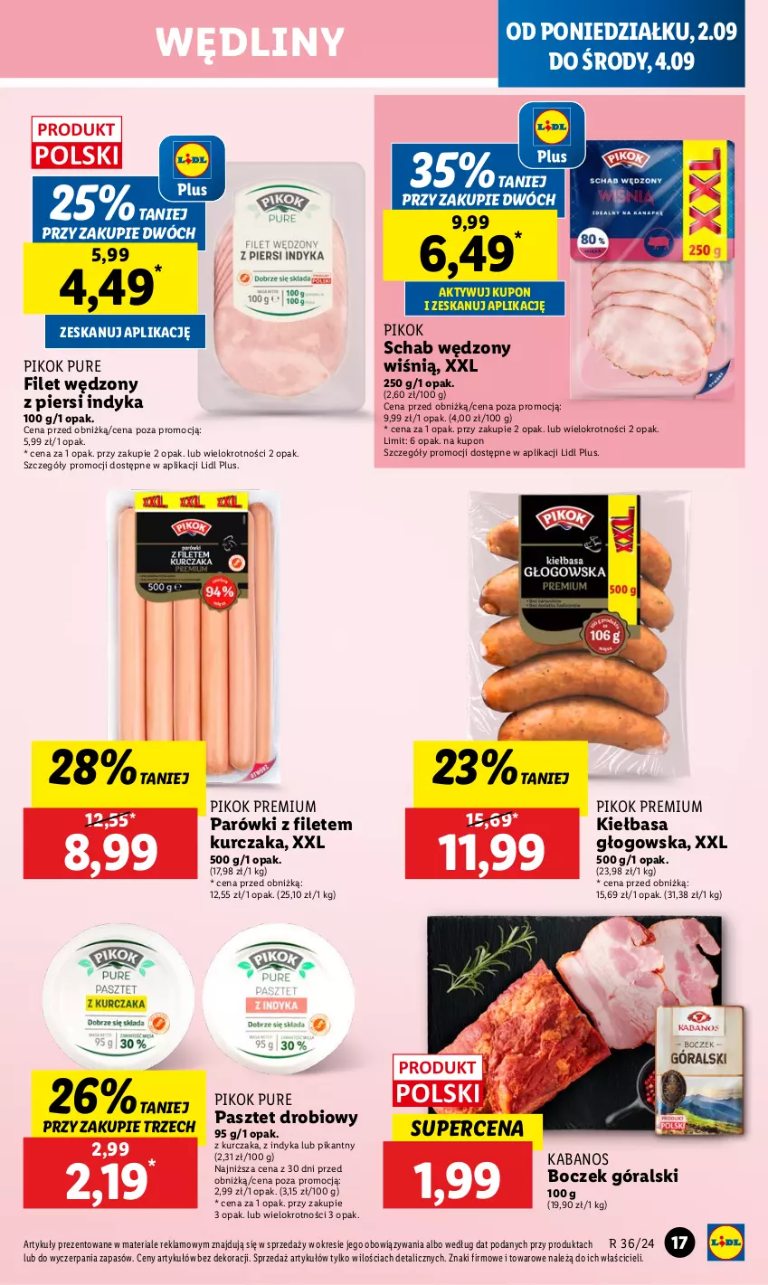 Gazetka promocyjna Lidl - GAZETKA - ważna 02.09 do 04.09.2024 - strona 23 - produkty: Boczek, Kabanos, Kiełbasa, Kiełbasa głogowska, Kurczak, Parówki, Pasztet, PIKOK, Pur