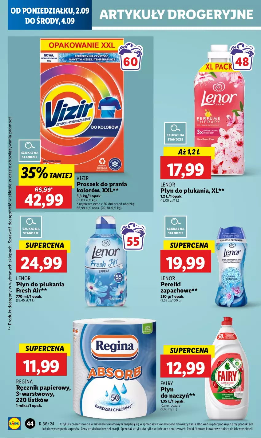 Gazetka promocyjna Lidl - GAZETKA - ważna 02.09 do 04.09.2024 - strona 52 - produkty: Fa, Fairy, Gin, Lenor, Papier, Perełki zapachowe, Płyn do płukania, Proszek do prania, Ręcznik, Vizir