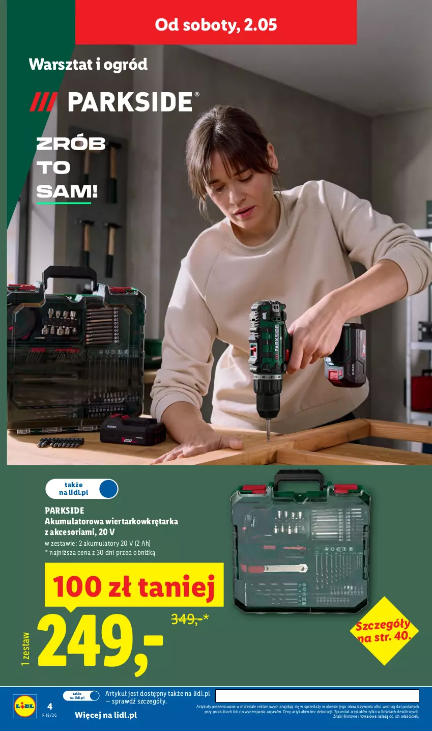 Gazetka promocyjna Lidl - Katalog ważny od 27.04 - ważna 27.04 do 02.05.2026 - strona 4 - produkty: Akumulator, Akumulatorowa wiertarkowkrętark, Ogród, Parkside, Tarka, Wiertarkowkrętarka, Wkręt, Wkrętarka
