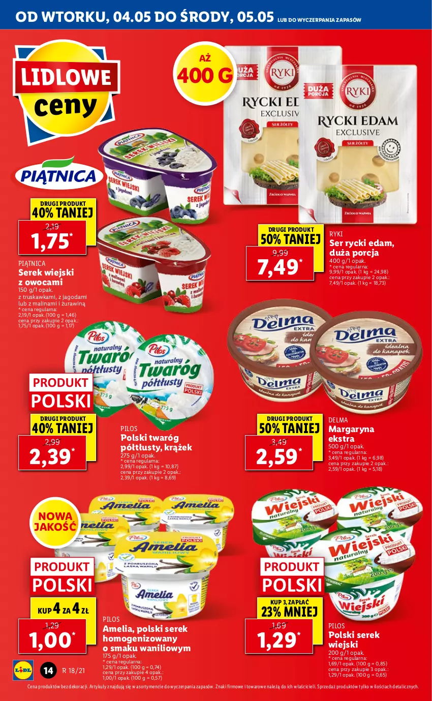 Gazetka promocyjna Lidl - GAZETKA - ważna 04.05 do 05.05.2021 - strona 14 - produkty: Delma, Edam, Margaryna, Piątnica, Pilos, Por, Rycki Edam, Ser, Serek, Serek homogenizowany, Serek wiejski, Twaróg, Twaróg półtłusty