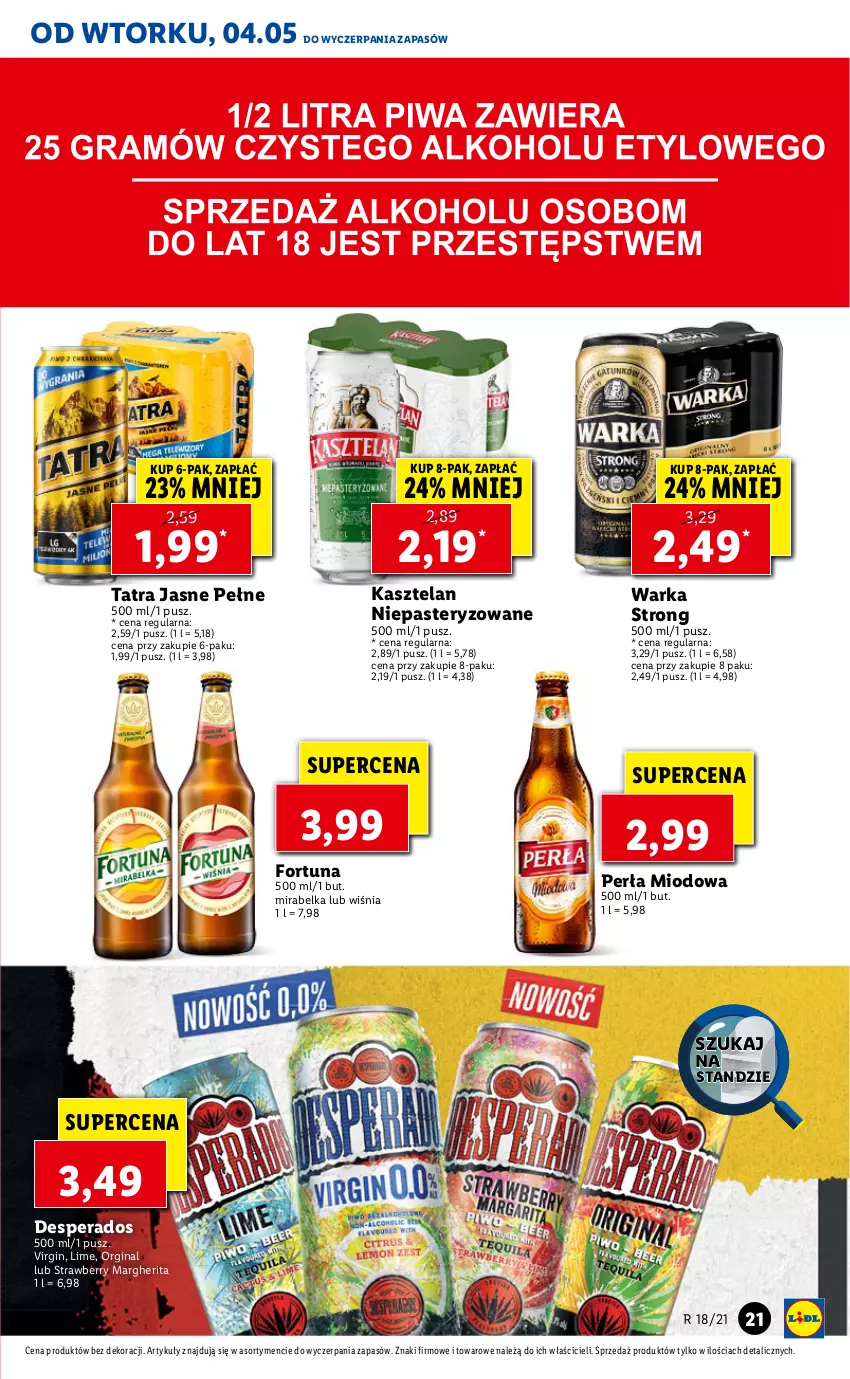 Gazetka promocyjna Lidl - GAZETKA - ważna 04.05 do 05.05.2021 - strona 21 - produkty: Desperados, Fortuna, Gin, Kasztelan, Perła, Tatra, Warka