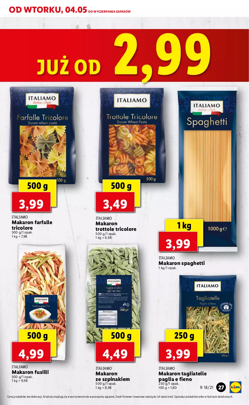 Gazetka promocyjna Lidl - GAZETKA - ważna 04.05 do 05.05.2021 - strona 27 - produkty: Fa, Makaron, Spaghetti, Szpinak, Tagliatelle