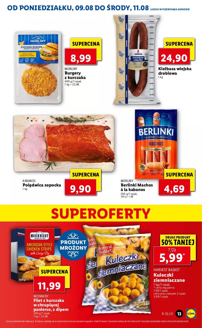 Gazetka promocyjna Lidl - GAZETKA - ważna 09.08 do 11.08.2021 - strona 13 - produkty: Berlinki, Burger, Kabanos, Kiełbasa, Kiełbasa wiejska, Kurczak, Morliny, Polędwica