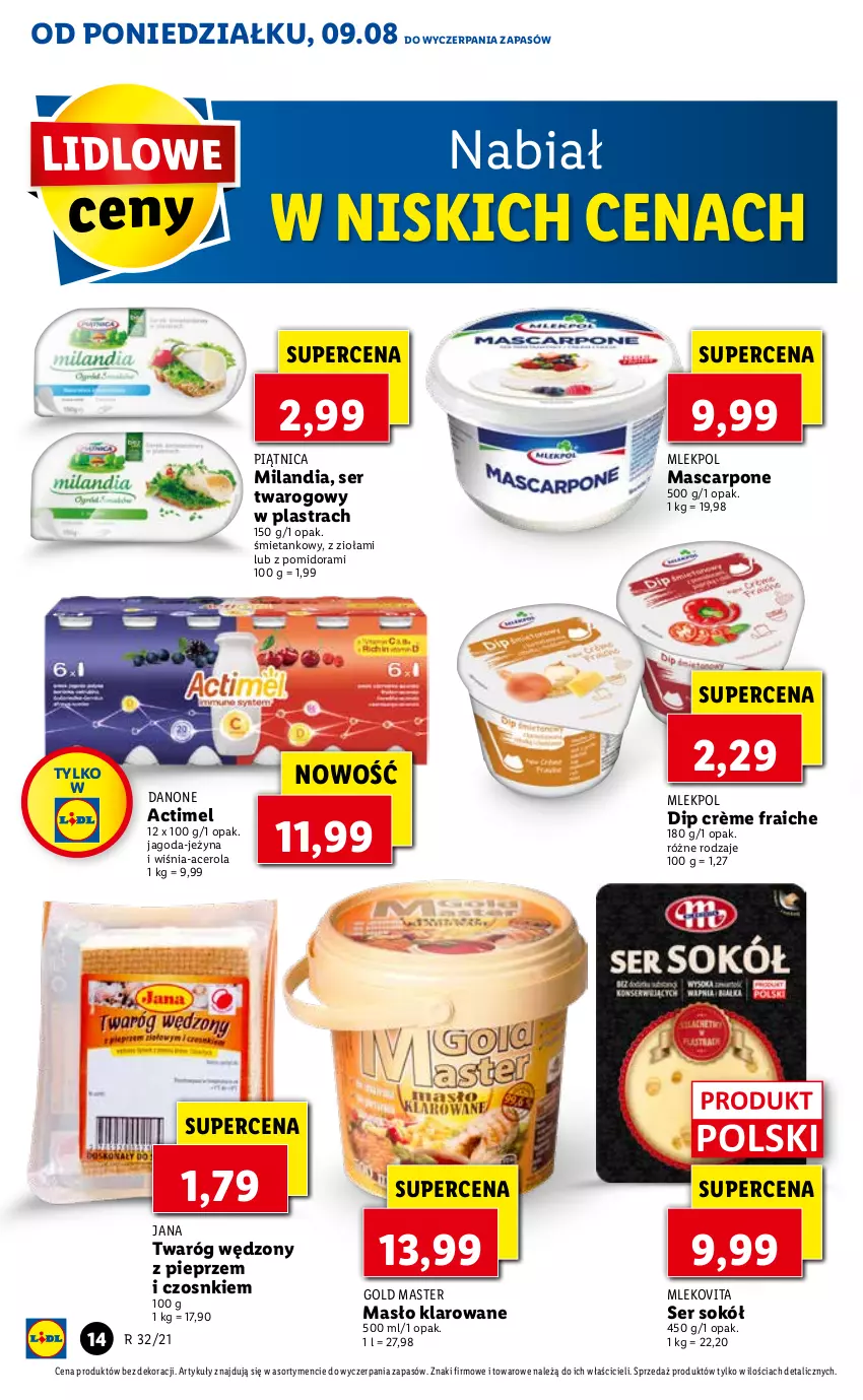 Gazetka promocyjna Lidl - GAZETKA - ważna 09.08 do 11.08.2021 - strona 14 - produkty: Acer, Actimel, Danone, Mascarpone, Masło, Masło klarowane, Mleko, Mlekovita, Piątnica, Pieprz, Ser, Ser twarogowy, Sok, Sokół, Twaróg