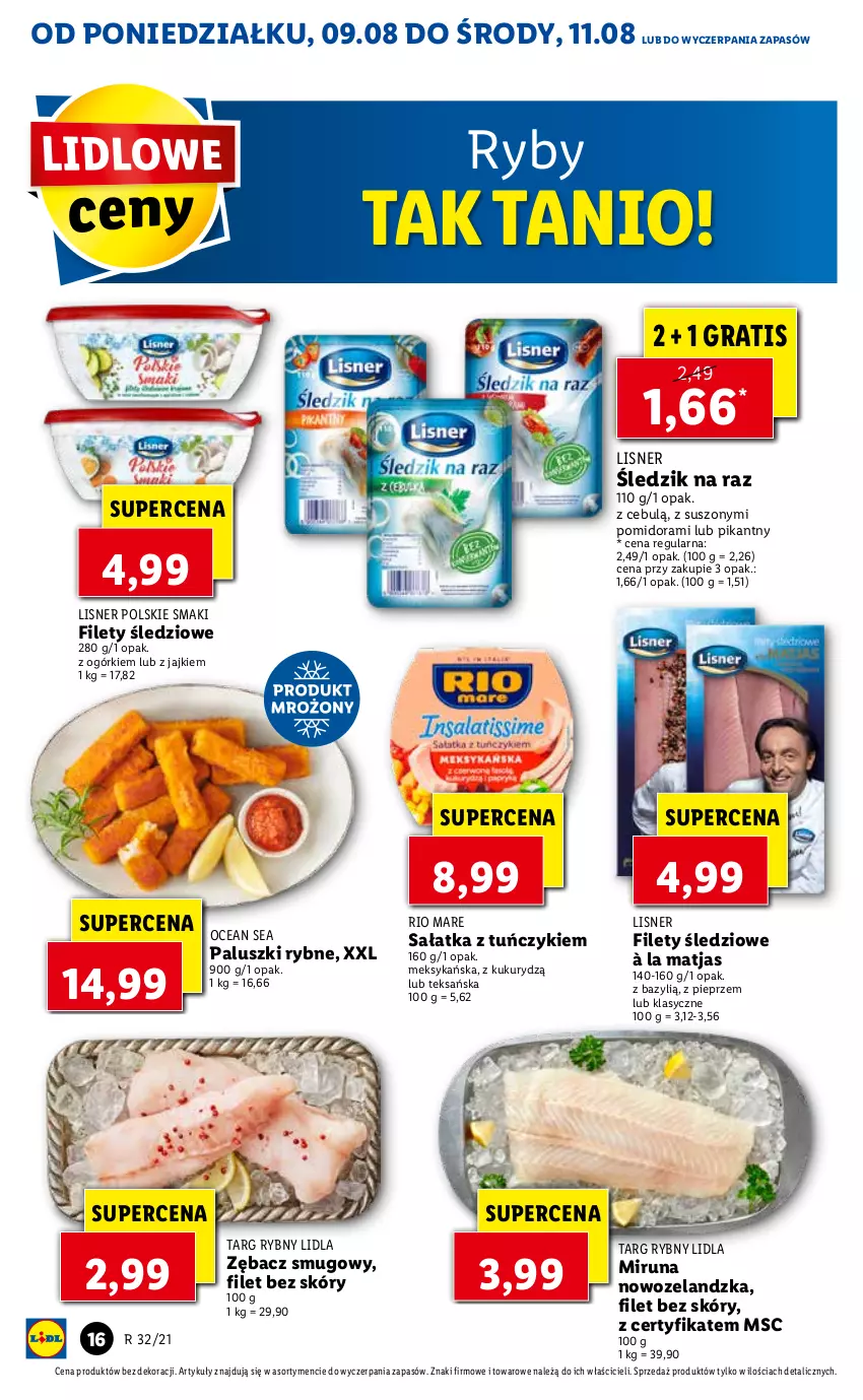 Gazetka promocyjna Lidl - GAZETKA - ważna 09.08 do 11.08.2021 - strona 16 - produkty: Bazyl, Gra, Lisner, Matjas, Miruna, Paluszki rybne, Pieprz, Rio Mare, Sałat, Sałatka, Tuńczyk