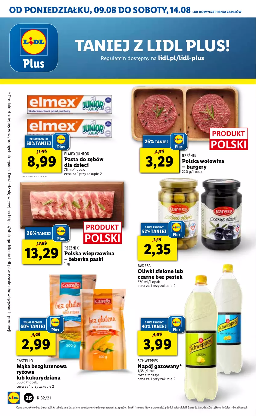 Gazetka promocyjna Lidl - GAZETKA - ważna 09.08 do 11.08.2021 - strona 26 - produkty: Burger, Dzieci, Elmex, Mąka, Napój, Napój gazowany, Oliwki, Oliwki zielone, Pasta do zębów, Ryż, Schweppes, Stek, Wieprzowina, Wołowina