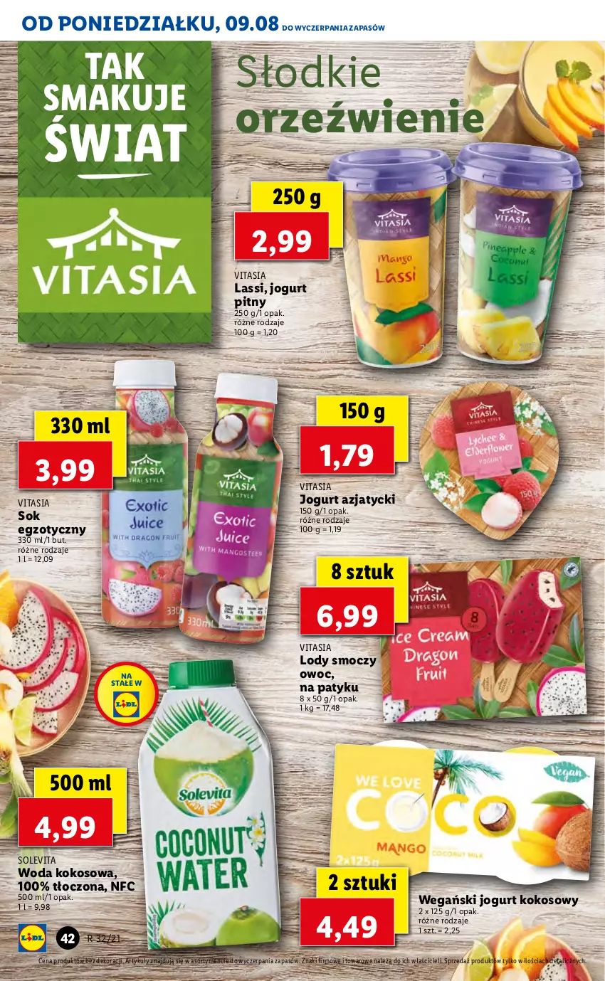 Gazetka promocyjna Lidl - GAZETKA - ważna 09.08 do 11.08.2021 - strona 42 - produkty: Jogurt, Jogurt pitny, Kokos, Lody, Sok, Woda