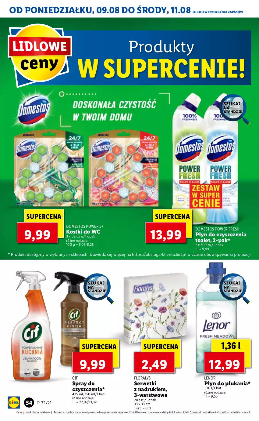 Gazetka promocyjna Lidl - GAZETKA - ważna 09.08 do 11.08.2021 - strona 54 - produkty: Cif, Domestos, Flora, Lenor, Płyn do płukania, Ser, Serwetki, Spray do czyszczenia