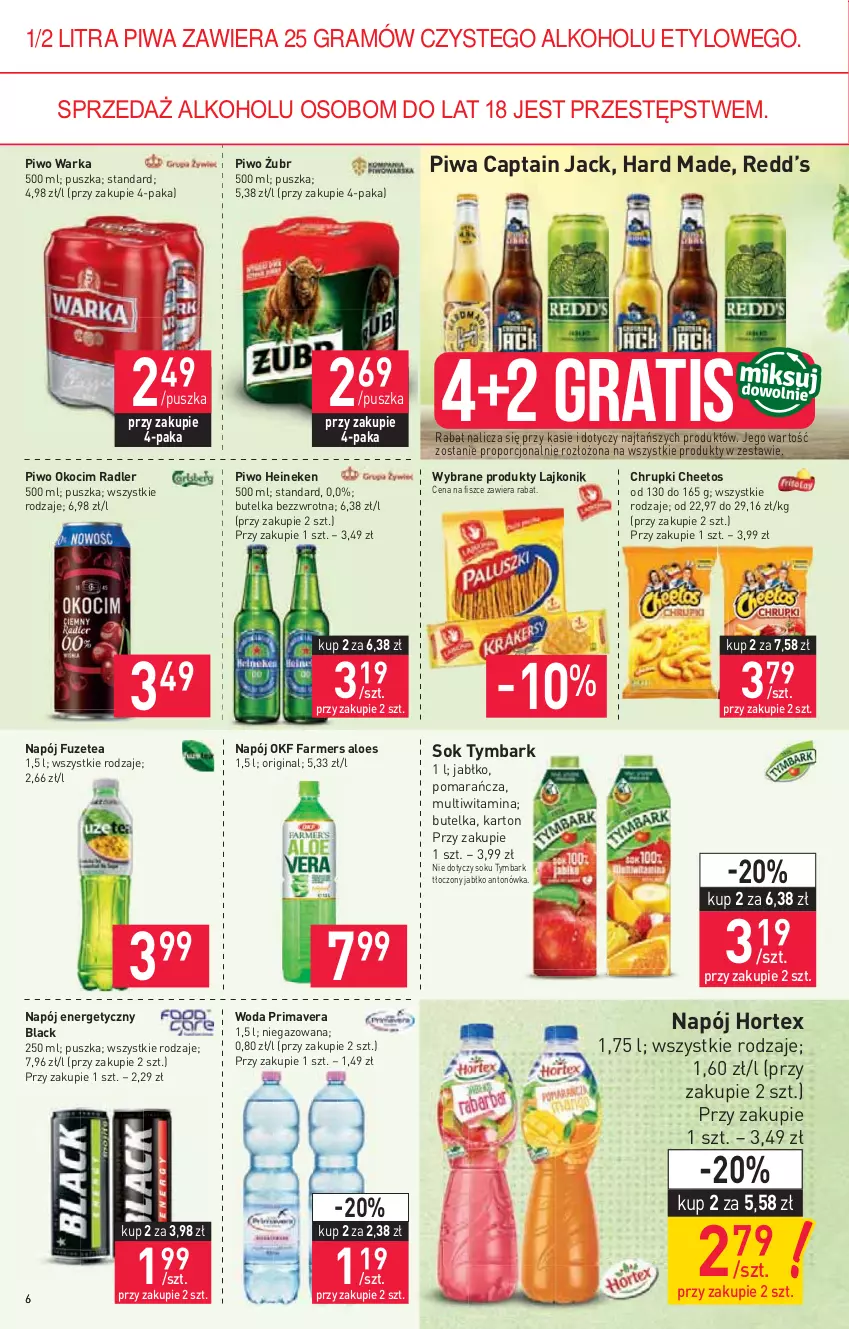 Gazetka promocyjna Stokrotka - Market - ważna 19.08 do 25.08.2021 - strona 6 - produkty: Captain Jack, Cheetos, Chrupki, Fa, Farmers Aloes, Gin, Gra, Heineken, Hortex, Koc, Lack, Lajkonik, Napój, Napój energetyczny, Okocim, Piwa, Piwo, Por, Prima, Primavera, Radler, Sok, Tymbark, Warka, Woda