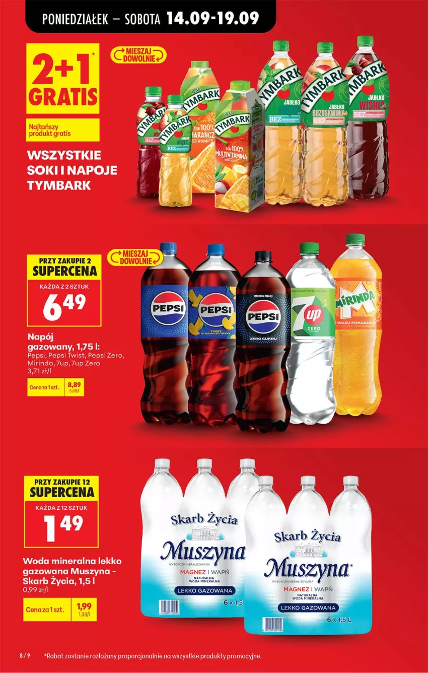 Gazetka promocyjna Biedronka - Od Poniedziałku - ważna 14.09 do 19.09.2026 - strona 12 - produkty: 7up, Magnez, Mirinda, Mus, Napoje, Pepsi, Por, Sok, Szyna, Tymbark, Woda, Woda mineralna