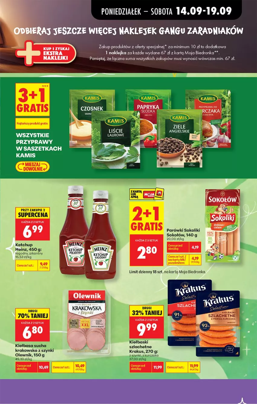 Gazetka promocyjna Biedronka - Od Poniedziałku - ważna 14.09 do 19.09.2026 - strona 27 - produkty: Fa, Heinz, Kamis, Ketchup, Kiełbasa, Klej, Krakus, Kurczak, Mięta, Mus, Olewnik, Parówki, Parówki sokoliki, Przyprawy, Sok, Sokołów