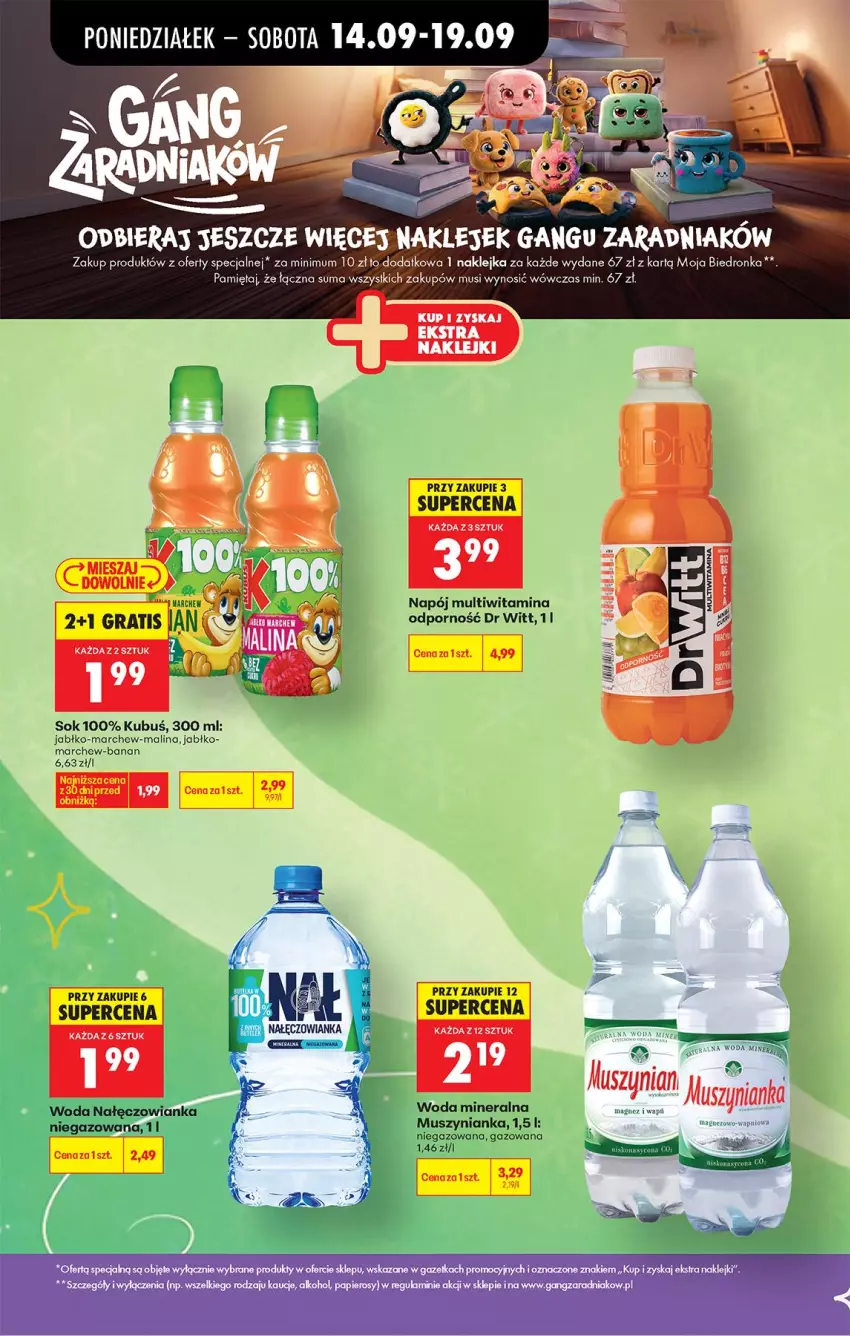 Gazetka promocyjna Biedronka - Od Poniedziałku - ważna 14.09 do 19.09.2026 - strona 31 - produkty: Dada, Klej, Kubuś, Mięta, Mus, Muszynianka, Nałęczowianka, Napój, Por, Sok, Szyna, Woda, Woda mineralna
